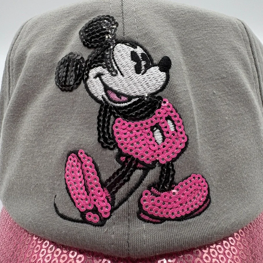 Walt Disney World Pink Gray Sequin Mickey Mouse Adjustable Baseball Cap